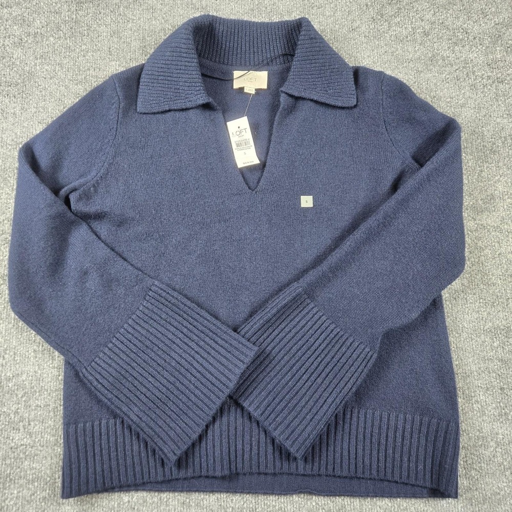 Loft Outlet Sweater Womens Small Navy Blue Polo V-Neck Ribbed Knit New with tag